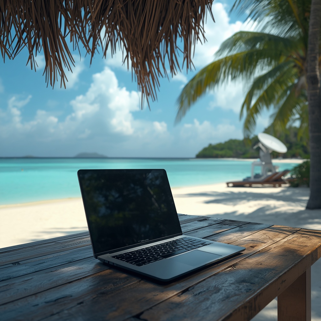 A high-tech digital nomad workspace on a tropical beach. A modern sleek laptop on a rustic wooden table with a view of crystal clear blue ocean and palm trees, high-speed satellite internet dish in the background, 8k resolution, photorealistic, cinematic lighting, no text, no people, no women